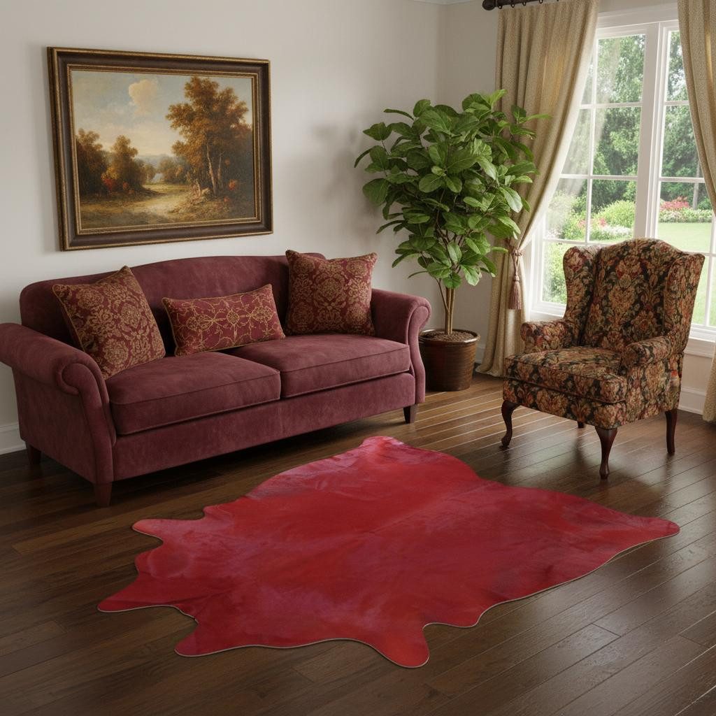 Black Cowhide Handmade Area Rug, Color: Red