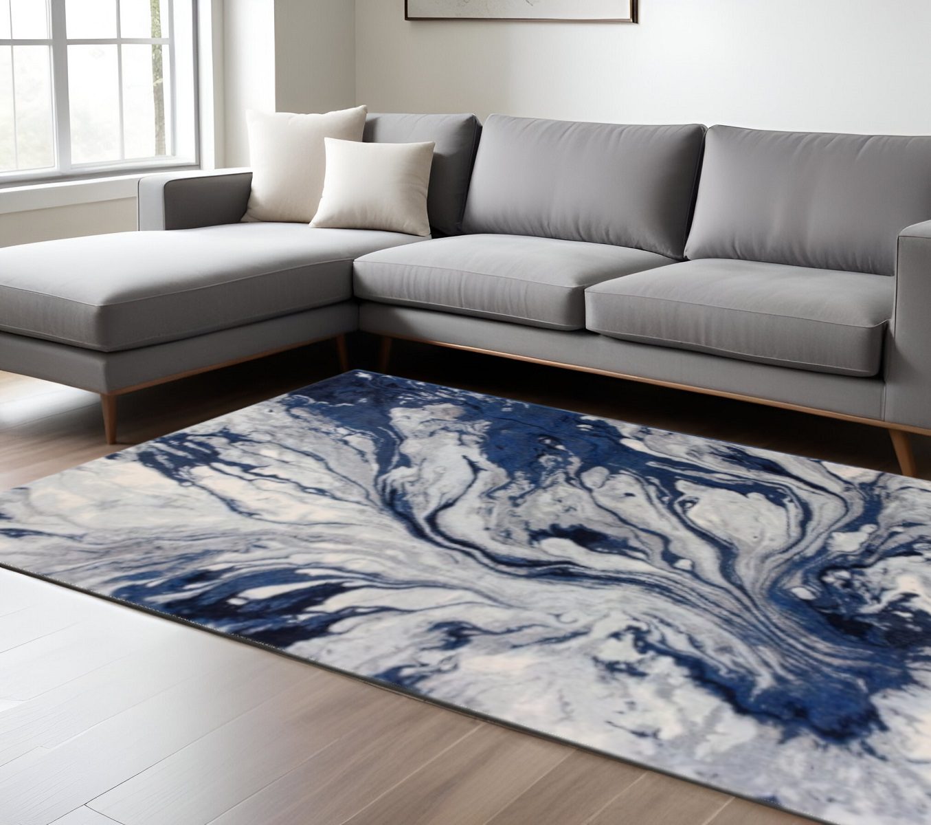 Blue Gray and Ivory Abstract Polypropylene Rectangle Area Rug, 9′ × 13′