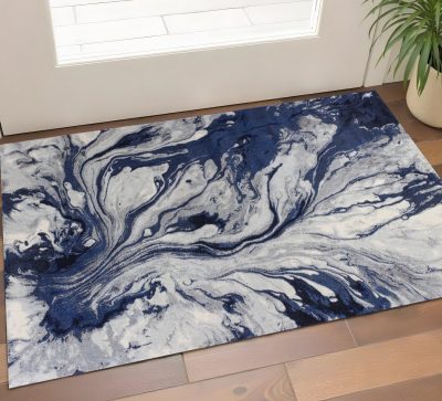 Blue Gray and Ivory Abstract Polypropylene Rectangle Area Rug