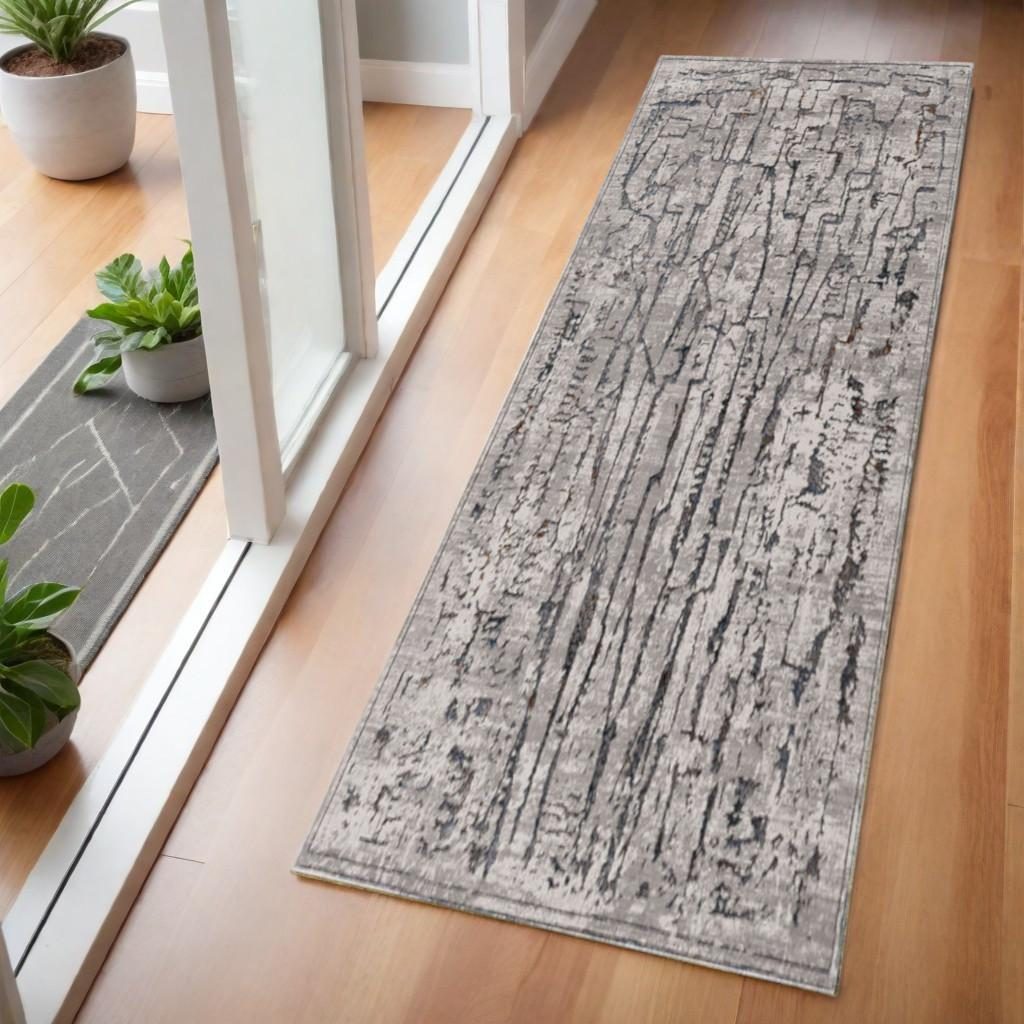Gray and Black Abstract Distressed Polyester Area Rug, 7′ Runner