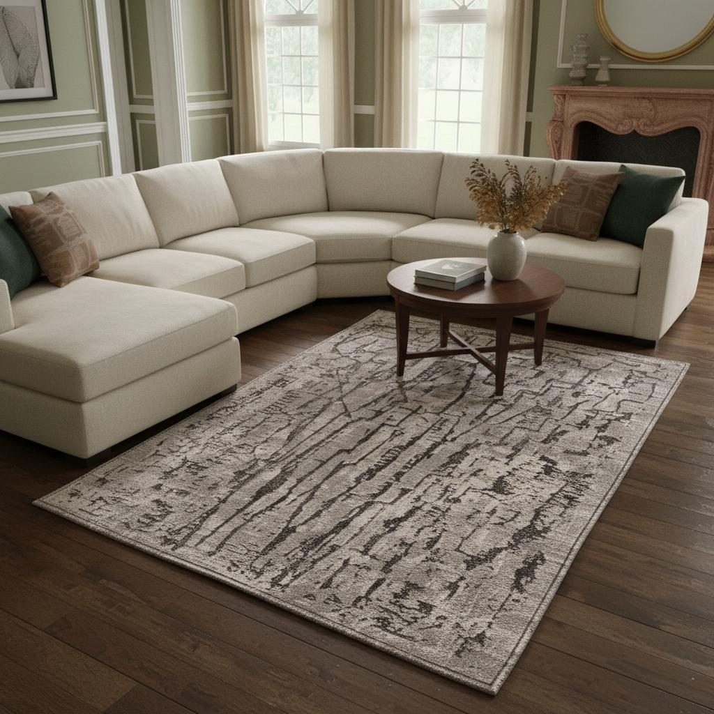 Gray and Black Abstract Distressed Polyester Area Rug, 6′ × 9′
