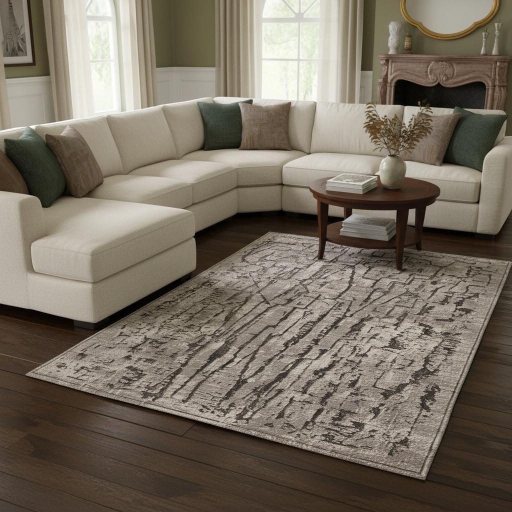 Gray and Black Abstract Distressed Polyester Area Rug, 8′ × 11′