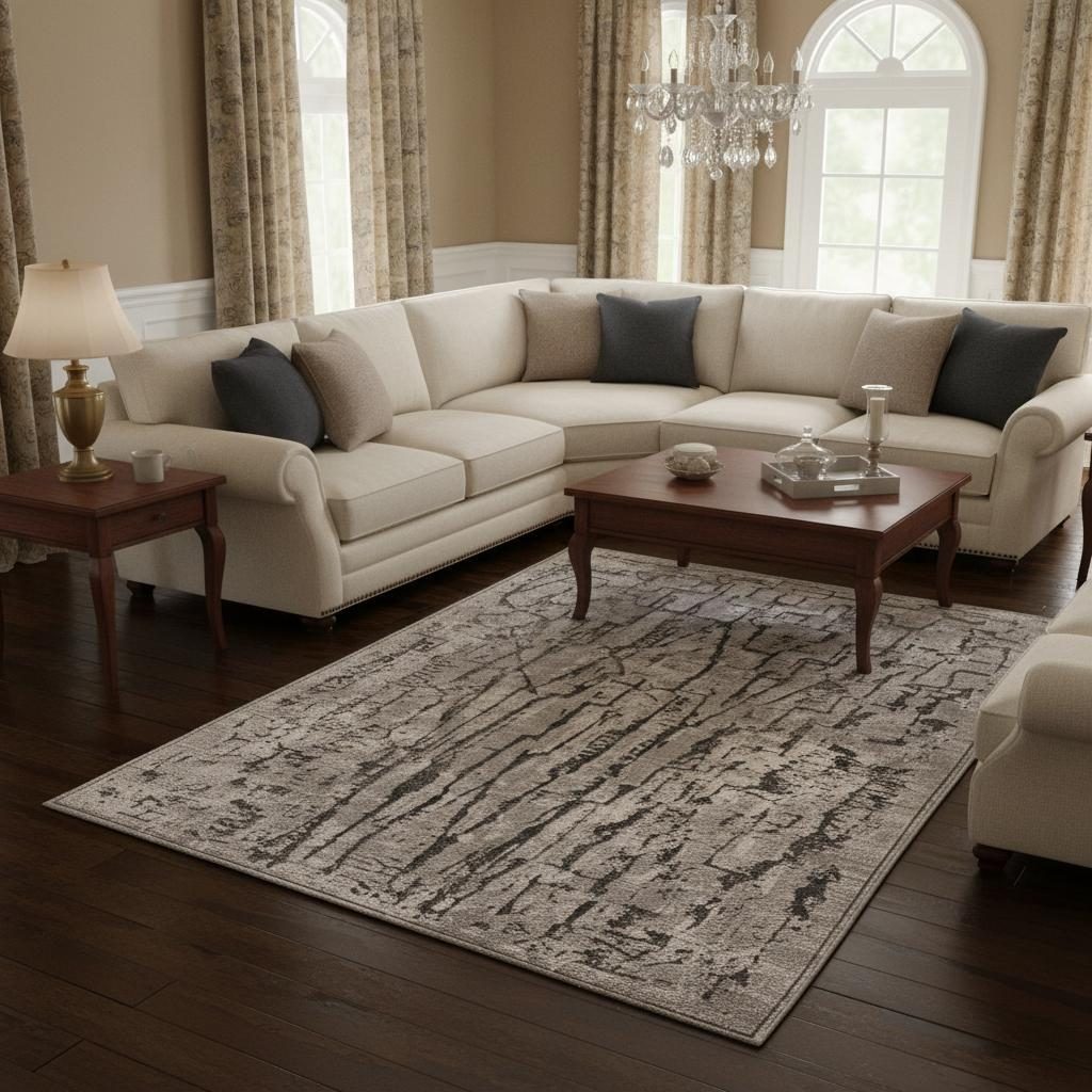Gray and Black Abstract Distressed Polyester Area Rug