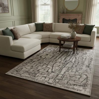 Gray and Black Abstract Distressed Polyester Area Rug