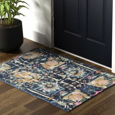Navy Blue Yellow And Pink Floral Polypropylene Area Rug