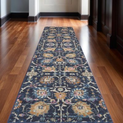 Navy Blue Yellow And Pink Floral Polypropylene Area Rug