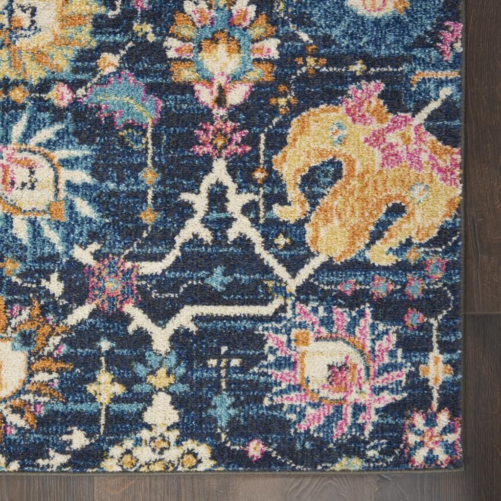 Navy Blue Yellow And Pink Floral Polypropylene Area Rug