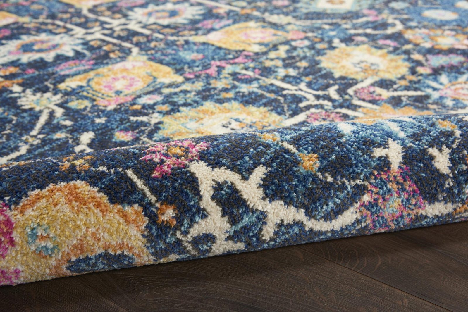 Navy Blue Yellow And Pink Floral Polypropylene Area Rug