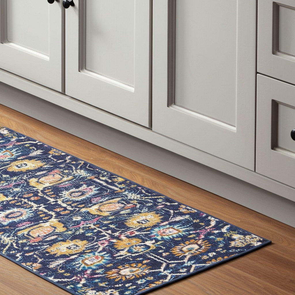 Navy Blue Yellow And Pink Floral Polypropylene Area Rug, 8′ Runner