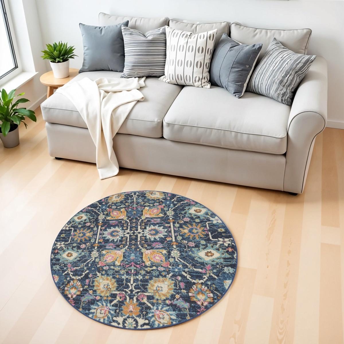 Navy Blue Yellow And Pink Floral Polypropylene Area Rug, 4′ Round