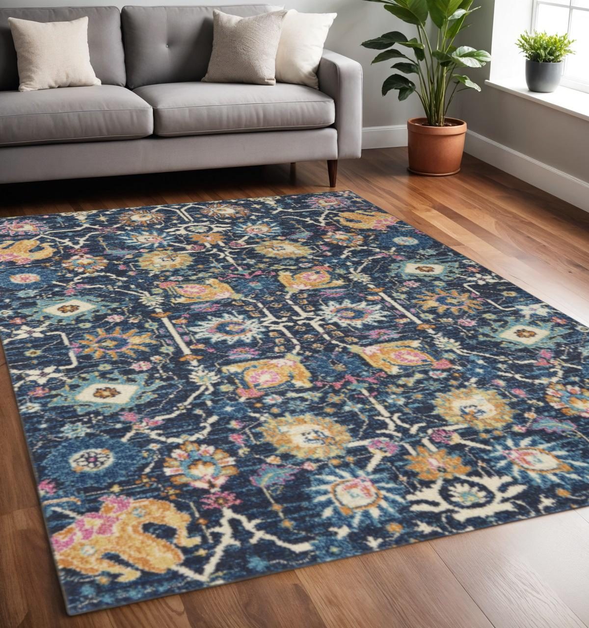 Navy Blue Yellow And Pink Floral Polypropylene Area Rug, 5′ × 7′