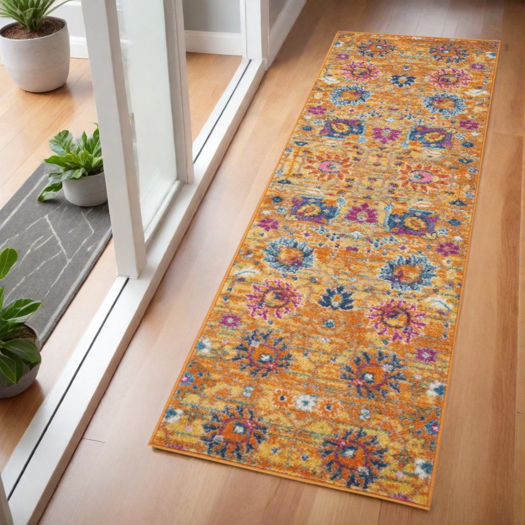 Blue and Orange Floral Distressed Polypropylene Rectangle Area Rug, 6′ Runner