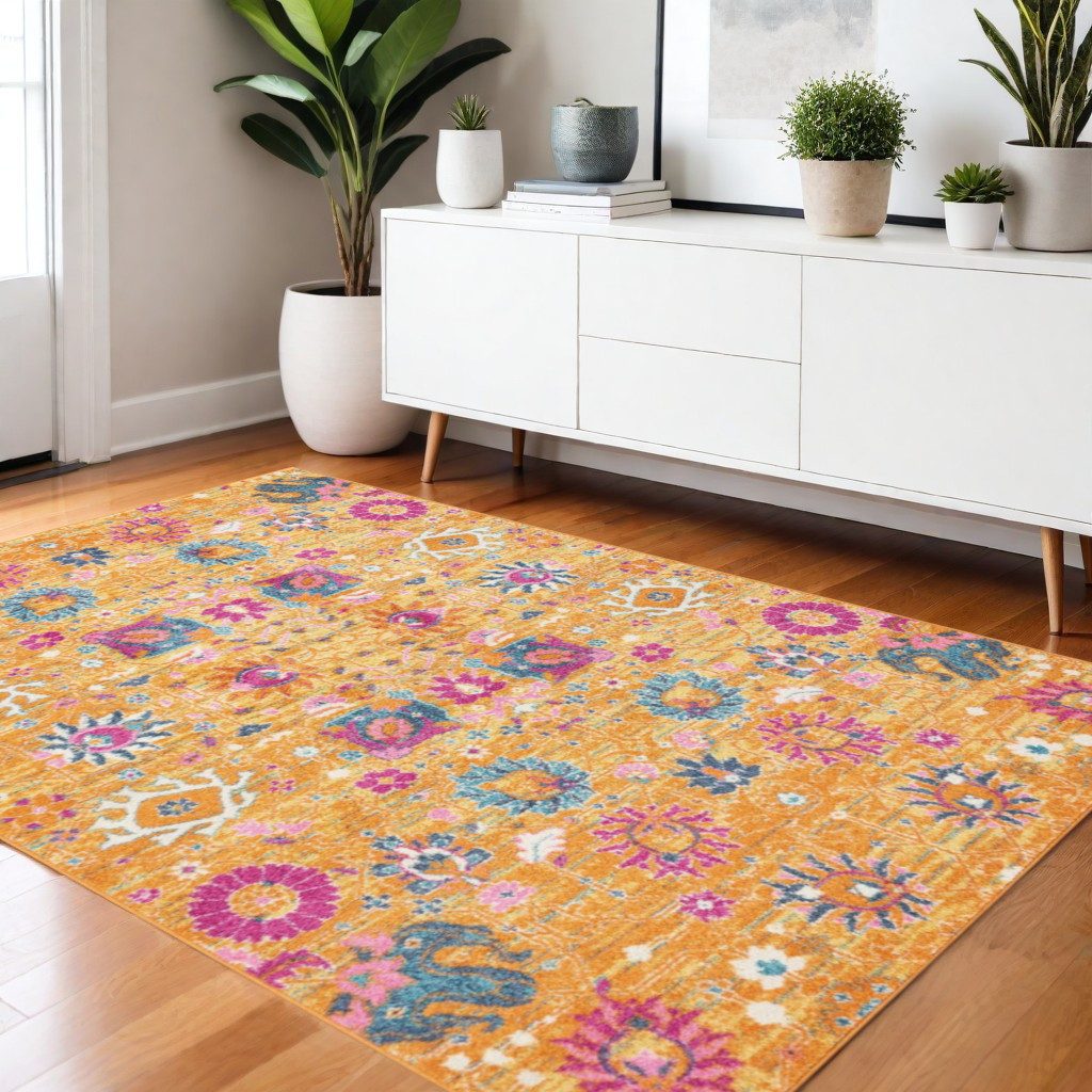 Blue and Orange Floral Distressed Polypropylene Rectangle Area Rug