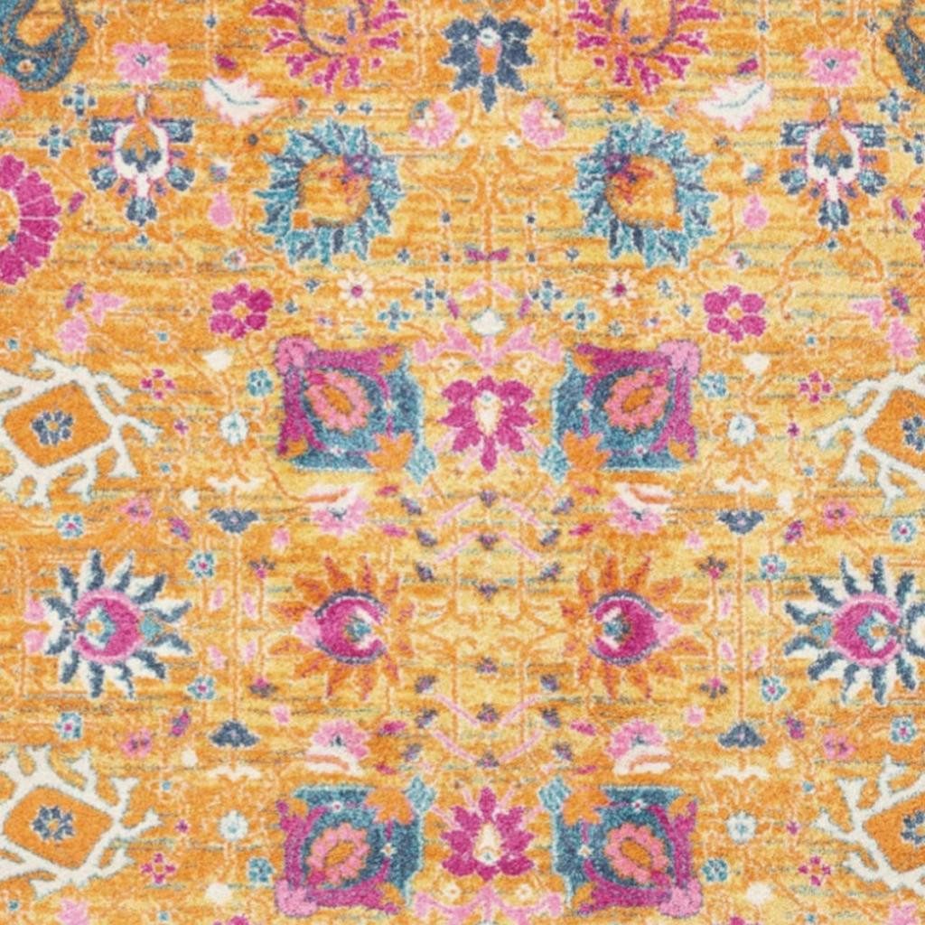 Blue and Orange Floral Distressed Polypropylene Rectangle Area Rug