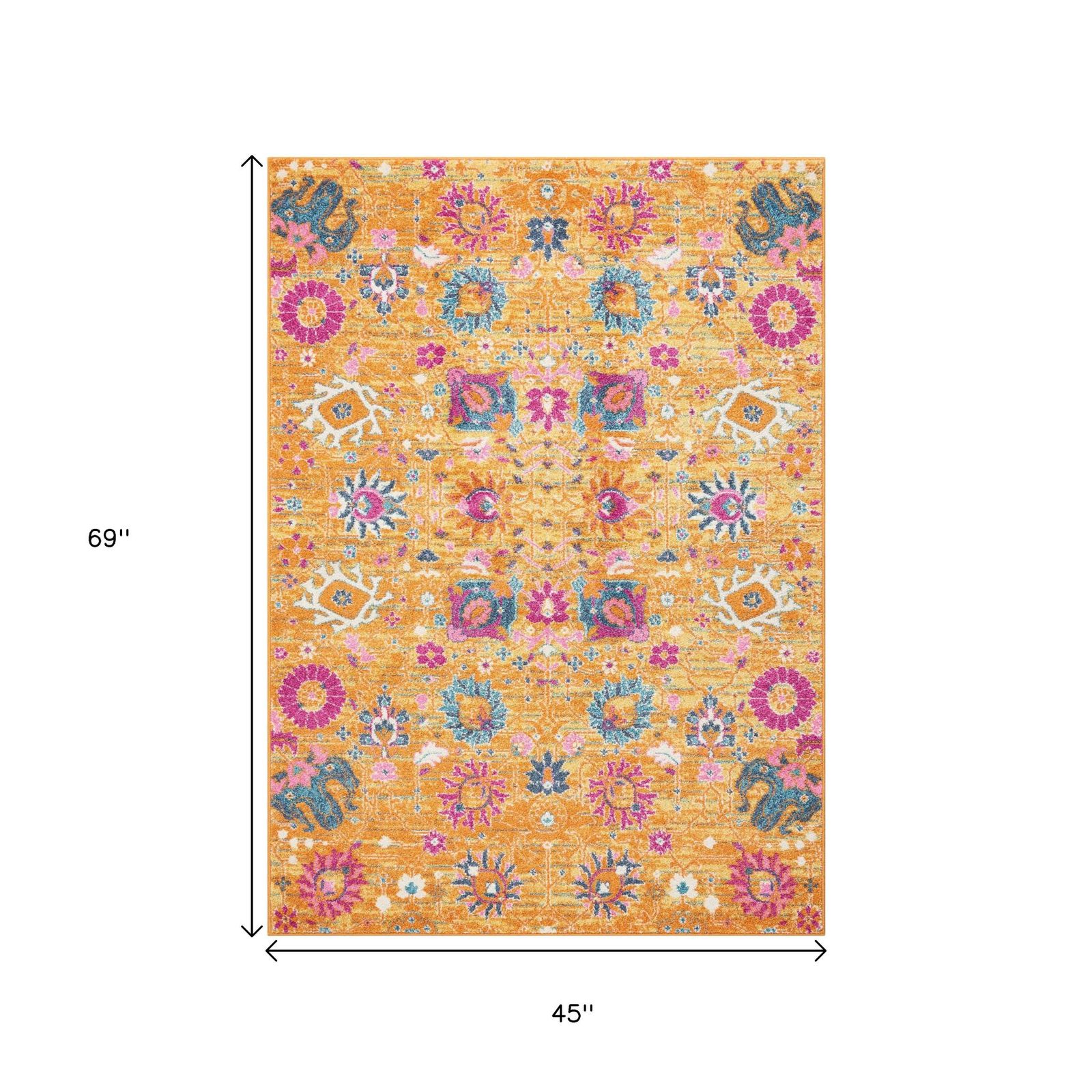 Blue and Orange Floral Distressed Polypropylene Rectangle Area Rug