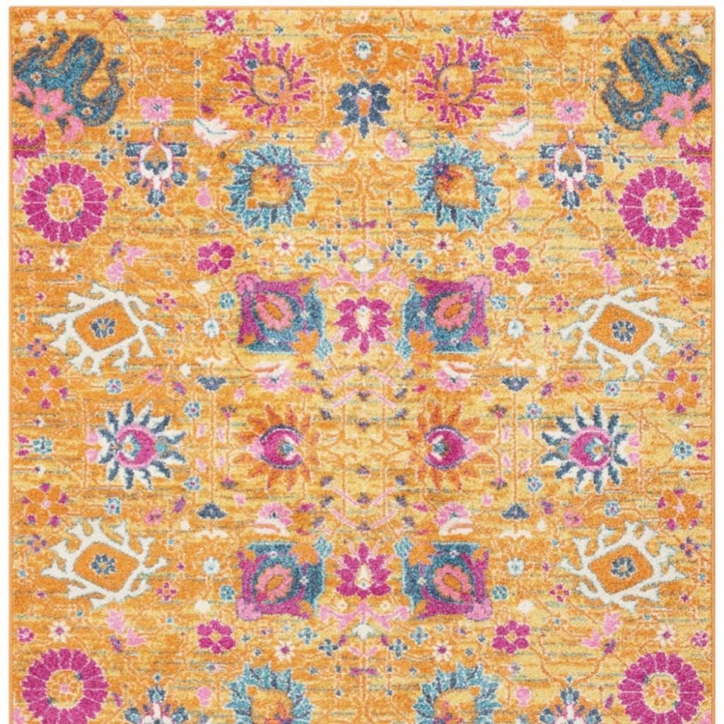 Blue and Orange Floral Distressed Polypropylene Rectangle Area Rug