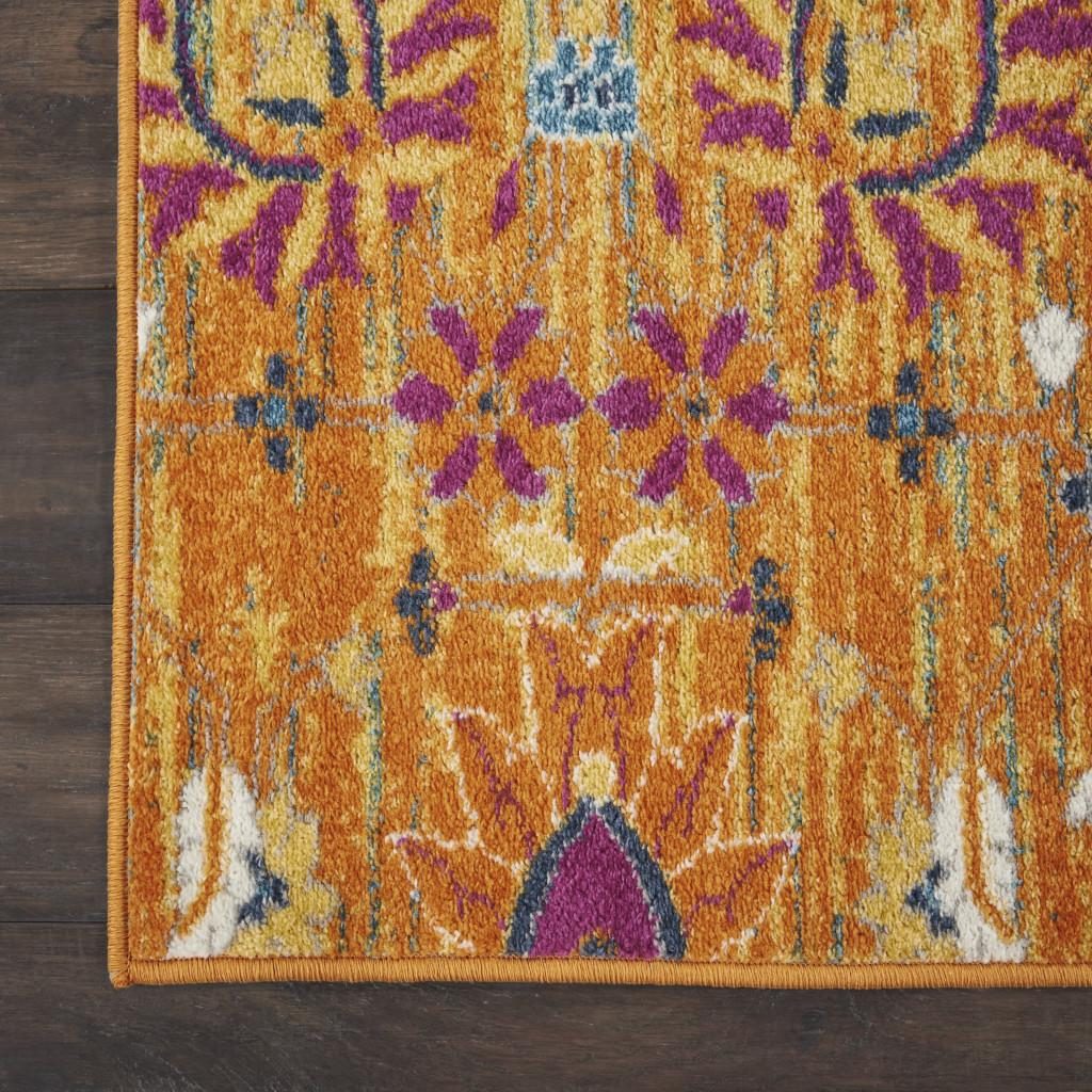 Blue and Orange Floral Distressed Polypropylene Rectangle Area Rug