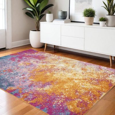 4′ X 6′ Blue And Orange Abstract Polypropylene Area Rug
