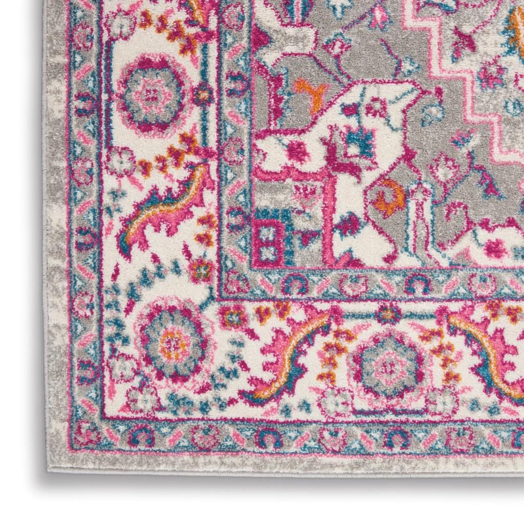 Light Gray and Pink Medallion Polypropylene Rectangle Area Rug
