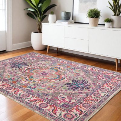 Light Gray and Pink Medallion Polypropylene Rectangle Area Rug