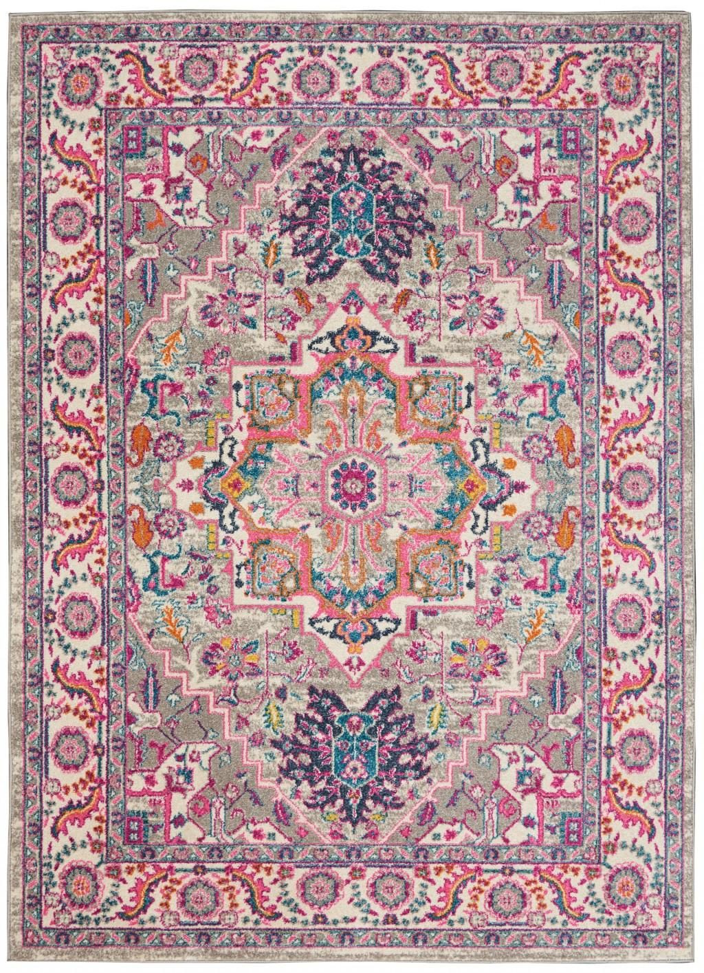 Light Gray and Pink Medallion Polypropylene Rectangle Area Rug