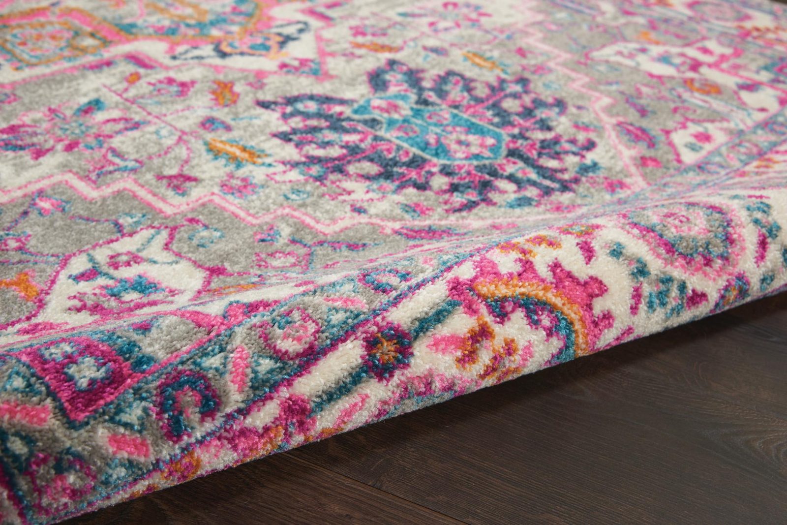 Light Gray and Pink Medallion Polypropylene Rectangle Area Rug