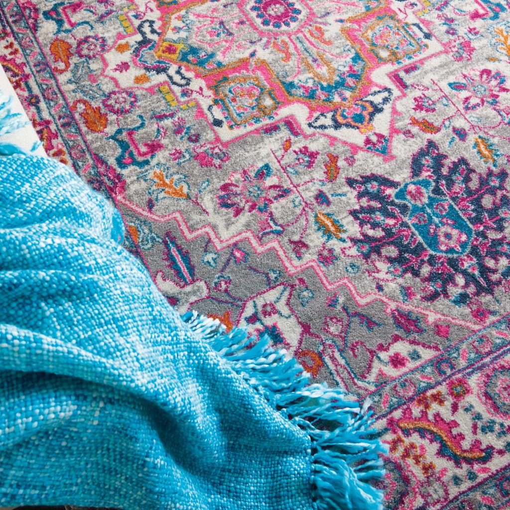 Light Gray and Pink Medallion Polypropylene Rectangle Area Rug