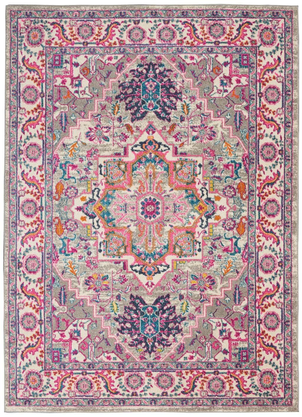 Light Gray and Pink Medallion Polypropylene Rectangle Area Rug