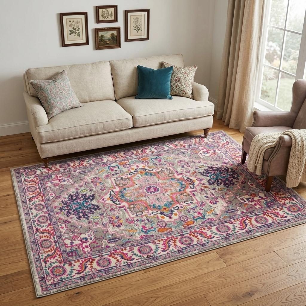 Light Gray and Pink Medallion Polypropylene Rectangle Area Rug, 5′ × 7′