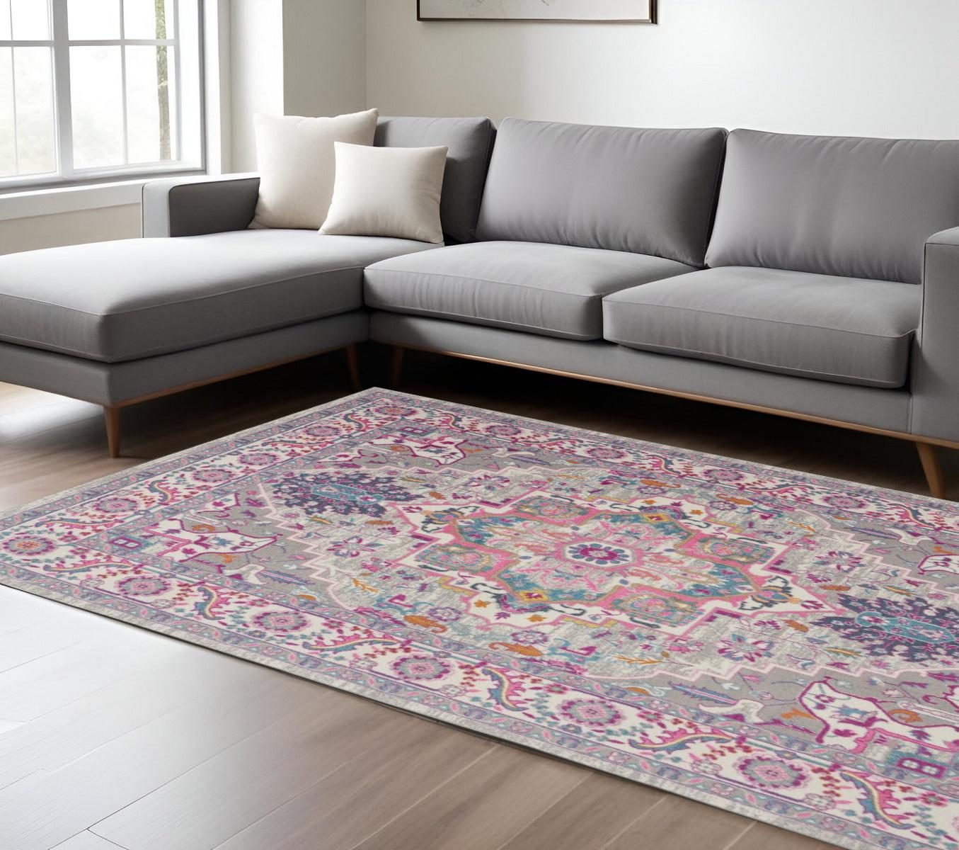 Light Gray and Pink Medallion Polypropylene Rectangle Area Rug, 7′ × 10′