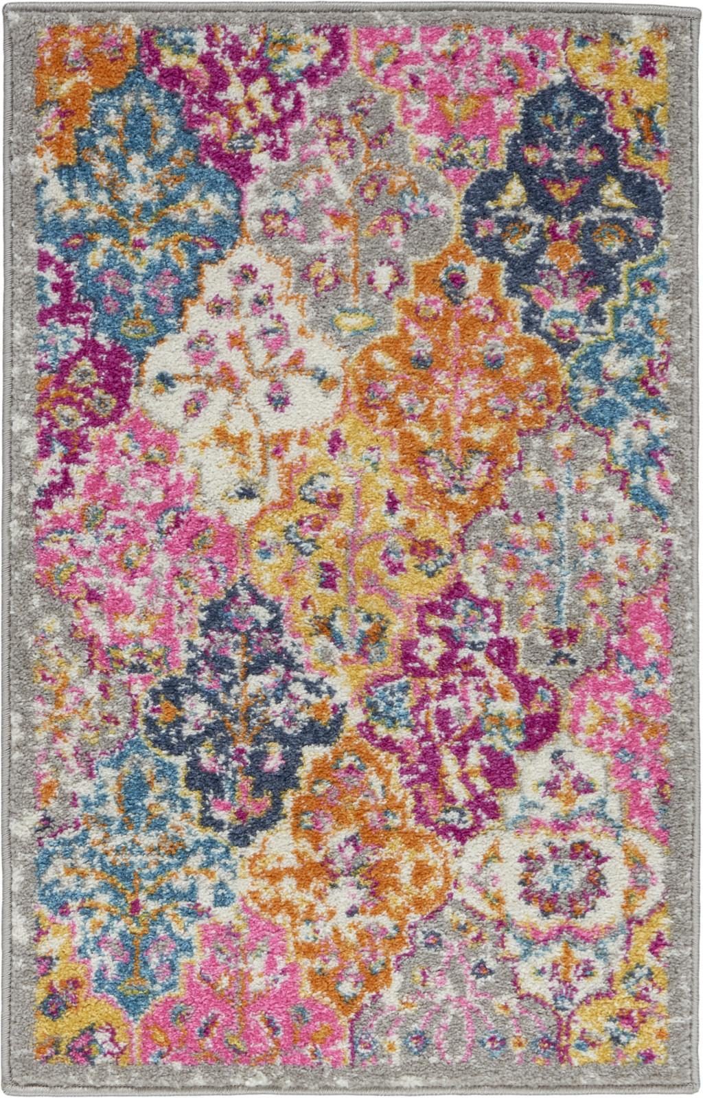 Polypropylene Gray Blue and Orange Quatrefoil Distressed Area Rug