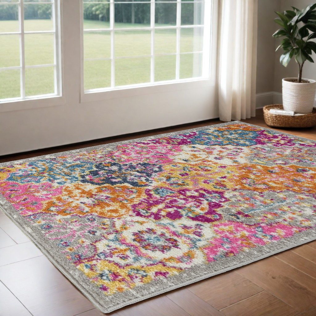 Polypropylene Gray Blue and Orange Quatrefoil Distressed Area Rug