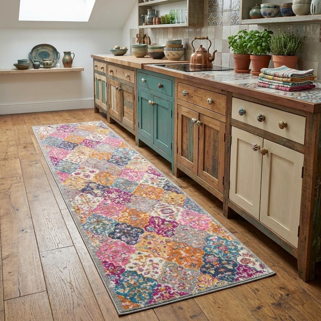 Polypropylene Gray Blue and Orange Quatrefoil Distressed Area Rug, 8′ Runner