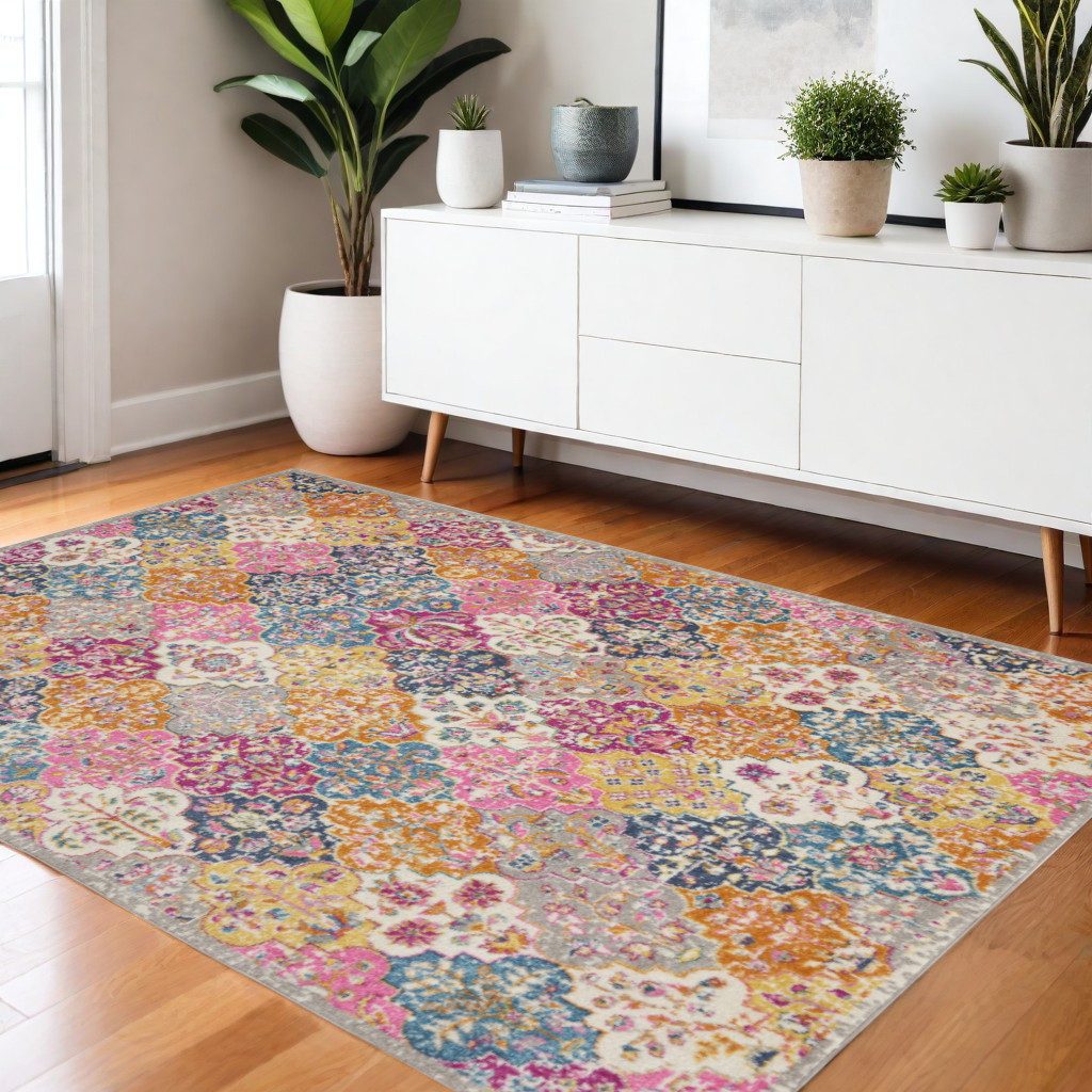 Polypropylene Gray Blue and Orange Quatrefoil Distressed Area Rug, 4′ × 6′
