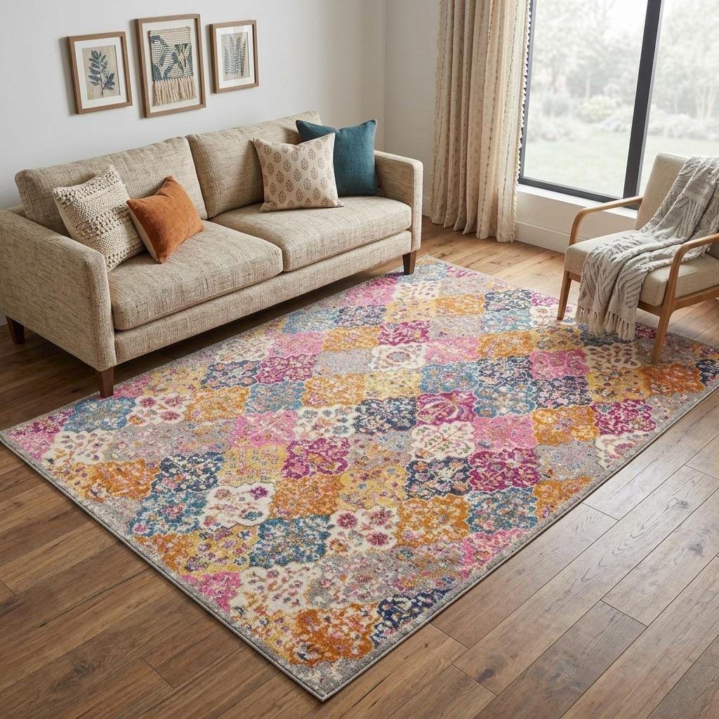 Polypropylene Gray Blue and Orange Quatrefoil Distressed Area Rug, 5′ × 7′