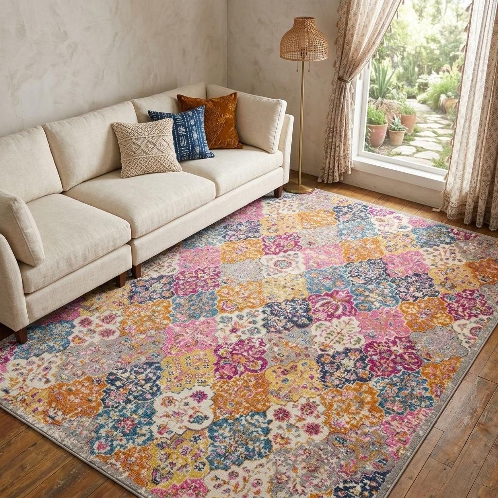 Polypropylene Gray Blue and Orange Quatrefoil Distressed Area Rug, 7′ × 10′
