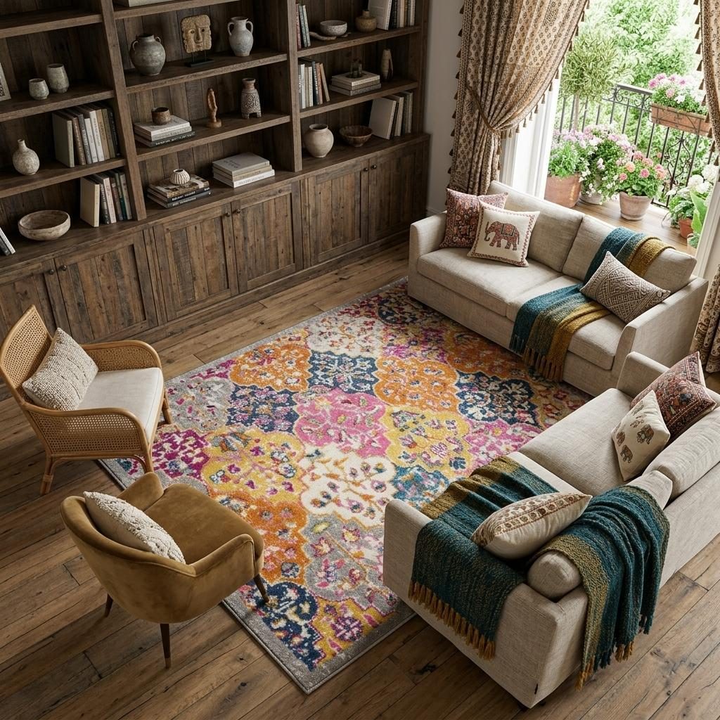 Polypropylene Gray Blue and Orange Quatrefoil Distressed Area Rug, 8′ × 10′