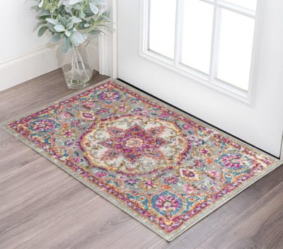 Gray and Ivory Polypropylene Medallion Area Rug