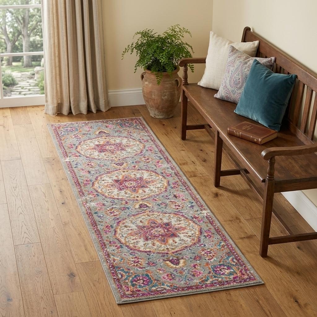 Gray and Ivory Polypropylene Medallion Area Rug, 6′ Runner