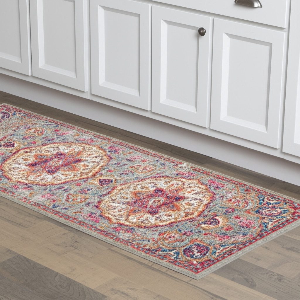 Gray and Ivory Polypropylene Medallion Area Rug, 8′ Runner