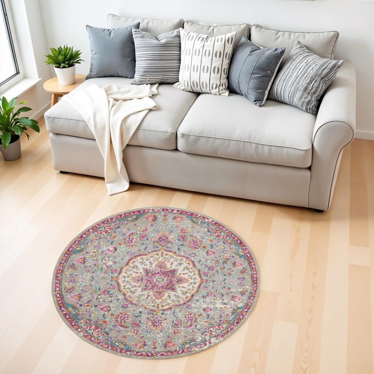 Gray and Ivory Polypropylene Medallion Area Rug, 4′ Round
