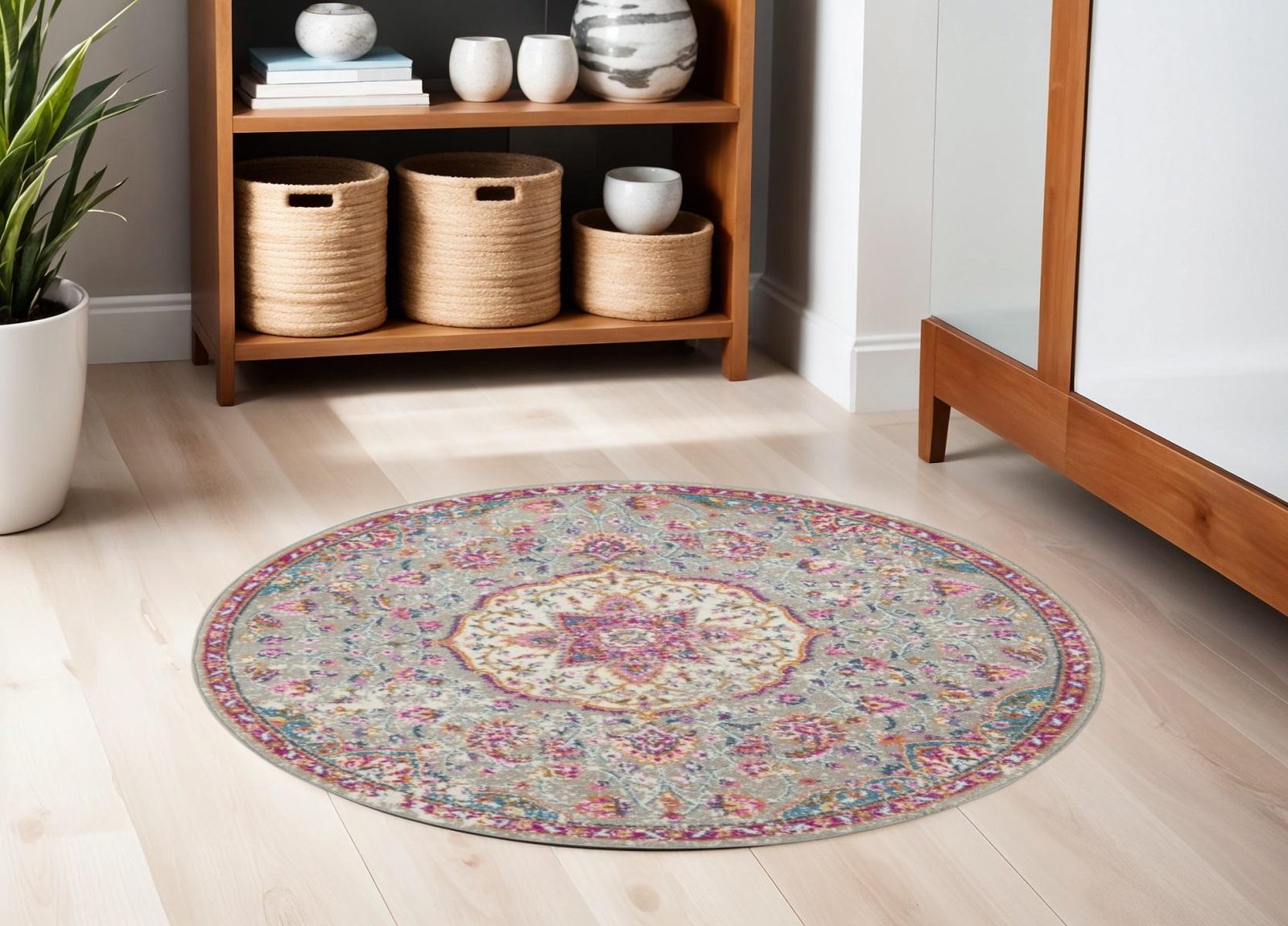 Gray and Ivory Polypropylene Medallion Area Rug, 5′ Round