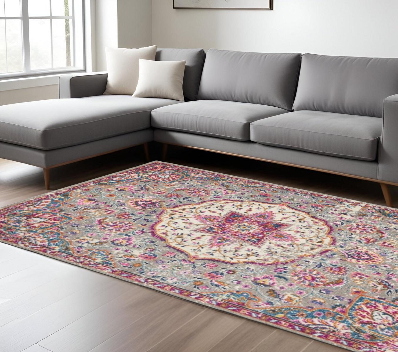 Gray and Ivory Polypropylene Medallion Area Rug, 7′ × 10′
