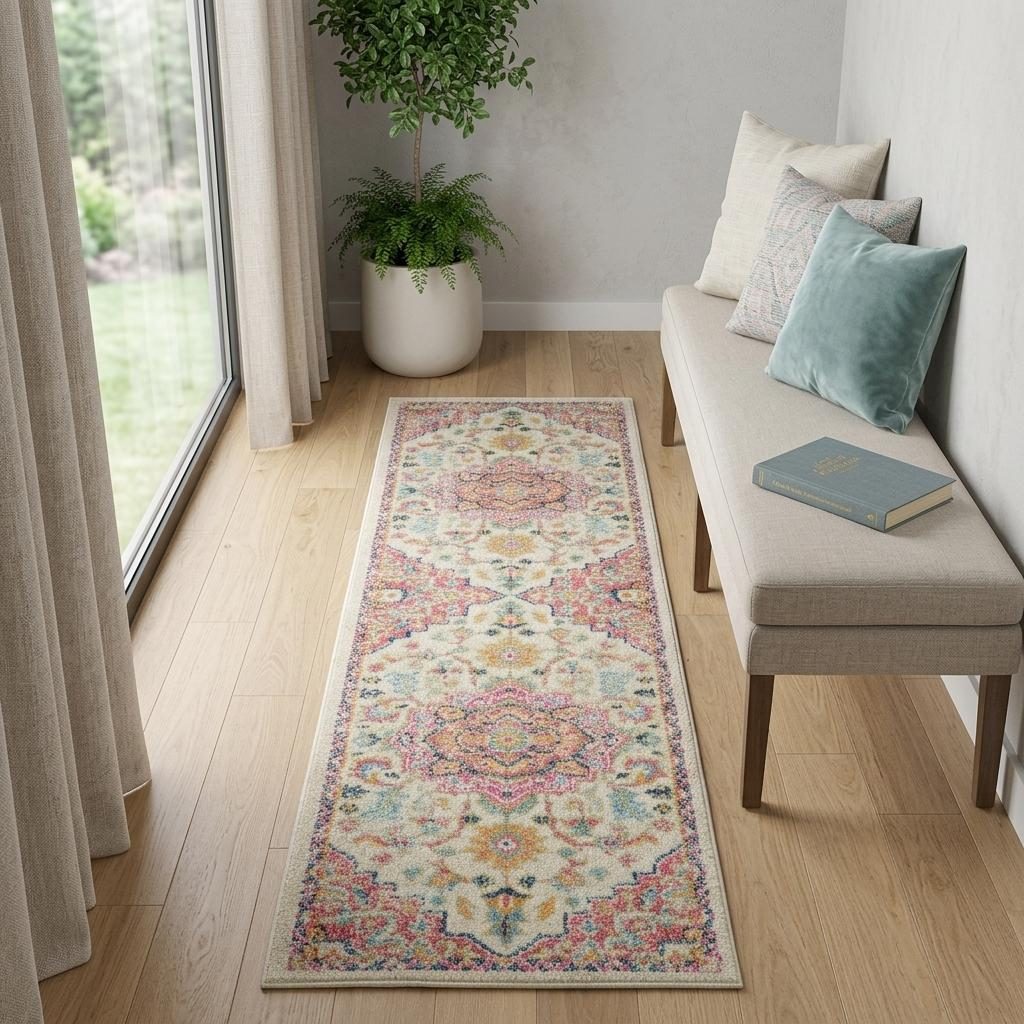 Pink and Ivory Southwestern Distressed Polypropylene Area Rug, 6′ Runner