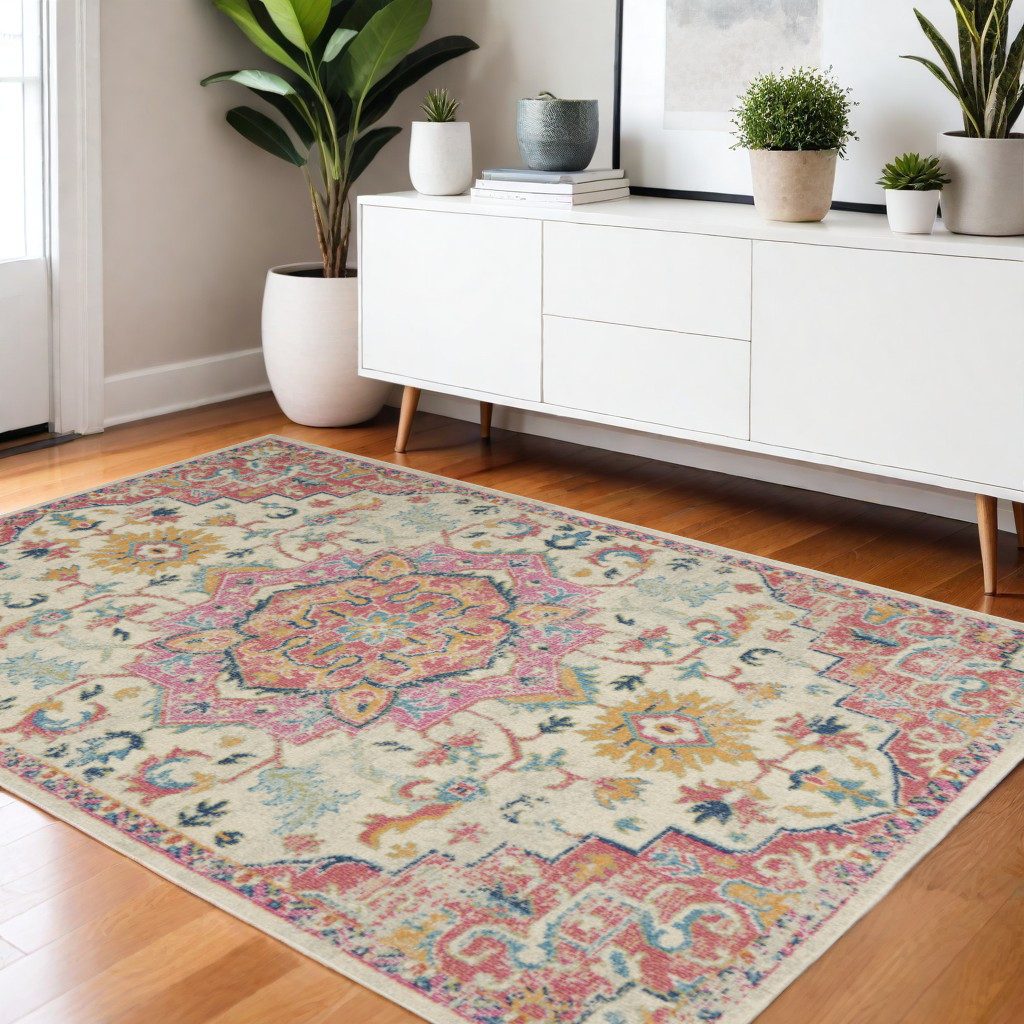 Pink and Ivory Southwestern Distressed Polypropylene Area Rug, 4′ × 6′
