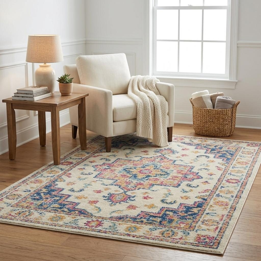 Pink and Ivory Southwestern Distressed Polypropylene Area Rug, 5′ × 7′