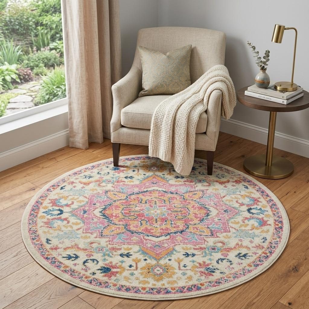 Pink and Ivory Southwestern Distressed Polypropylene Area Rug, 5′ Round