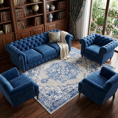6′ X 9′ Blue and Gray Floral Polypropylene Area Rug