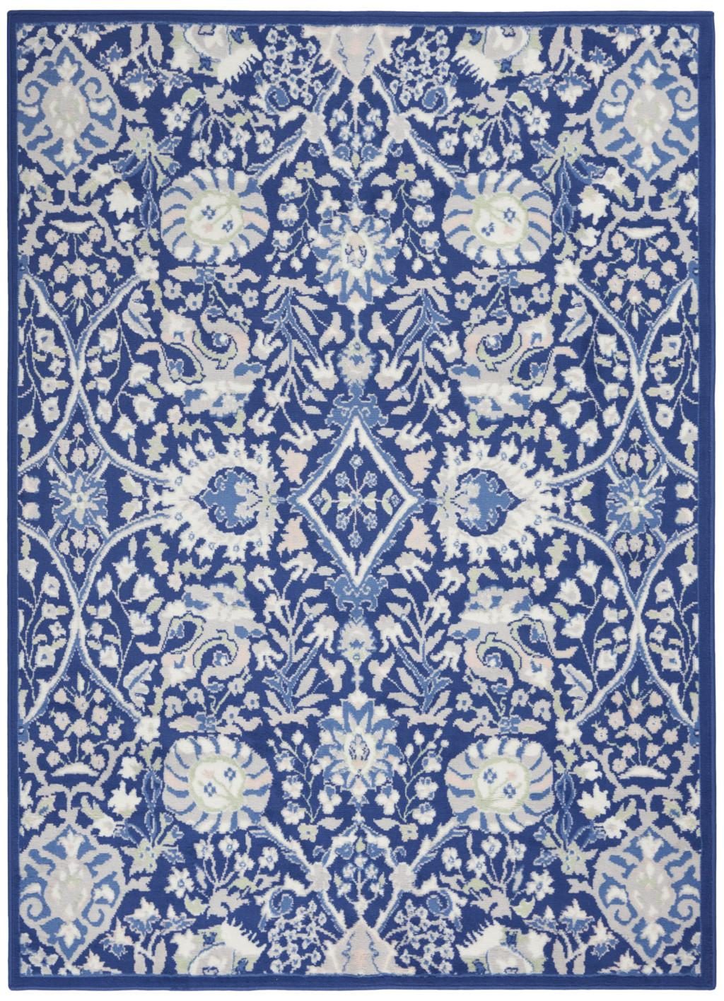 Traditional Ivory and Blue Floral Polypropylene Rectangle Area Rug