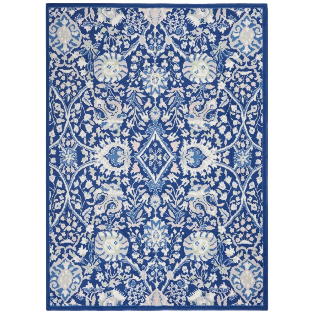 Traditional Ivory and Blue Floral Polypropylene Rectangle Area Rug
